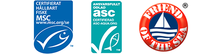 Loggor på miljömärkningarna MSC, ASC och friend of the sea